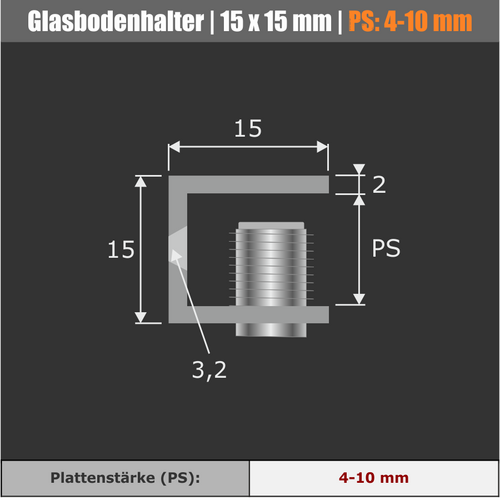 Glasbodenhalter 15x15mm Detailansicht