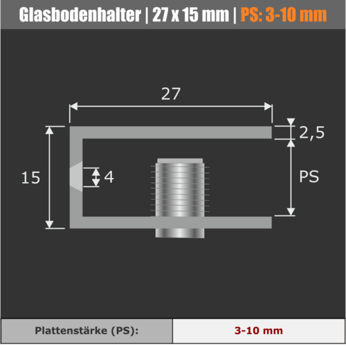 Glasbodenhalter 27x15mm Detailansicht