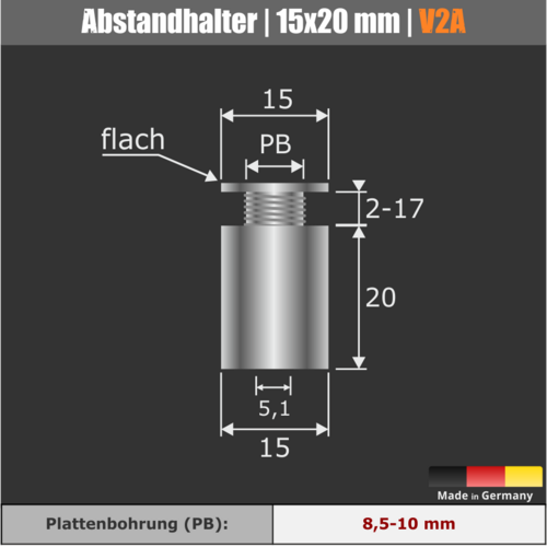 Abstandhalter Ø 15 mm aus Edelstahl WA:20 mm technische Daten 1