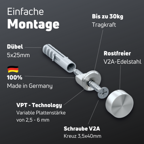 Spiegelhalter Ø 15 mm aus Edelstahl WA:0 mm technische Daten 2