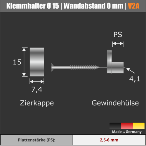 Spiegelhalter Ø 15 mm aus Edelstahl WA:0 mm technische Daten 1