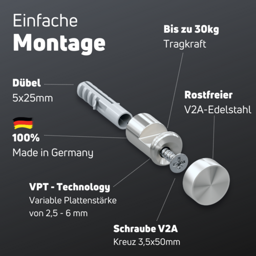 Spiegelhalter Ø 15 mm aus Edelstahl WA:10 mm technische Daten 2