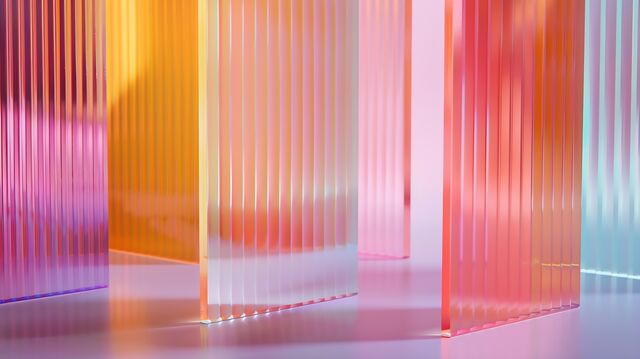 Mehrere Platten gewelltes Acrylglas in lila & gelber Beleuchtung